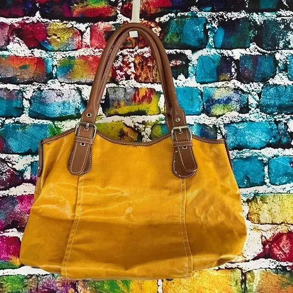 Boden Mustard Coated Canvas Bag Tan Leather Trim Handbag Purse - Picture 2 of 9